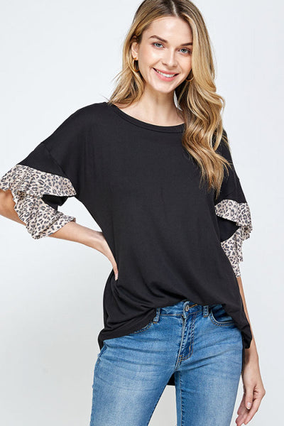 New Women's Boutique Leopard Accented Ruffle Sleeve Tunic Top S, M, L