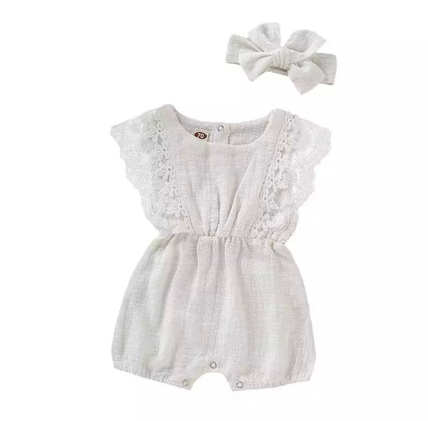 Baby & Toddler New Boutique Muslin Cotton Lace Romper Headband Sets Newborn-24M