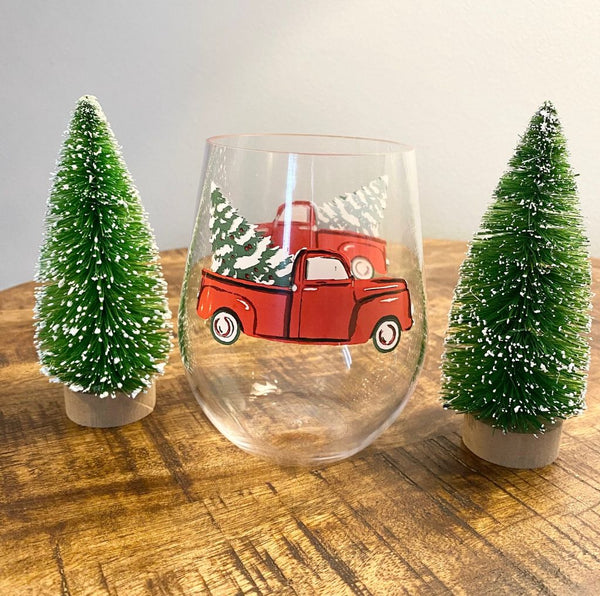 Vintage Red Truck Stemless Glass/Cup