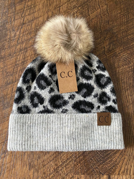 CC Leopard Print Wool Blend Faux Fur Pom Beanie 4 Colors