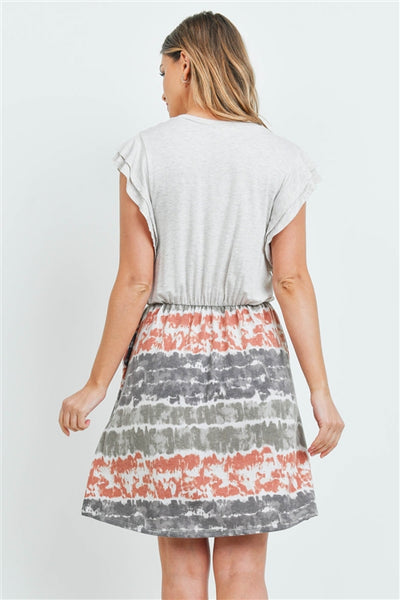 New Women's Boutique Flutter Sleeve & Tie Dye Cinch Waist Dress  L & XL