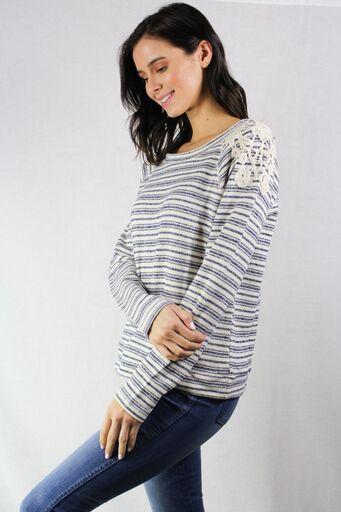 New Women's Boutique Lace Accent Striped Sweatshirt Sizes S, M, L & XL