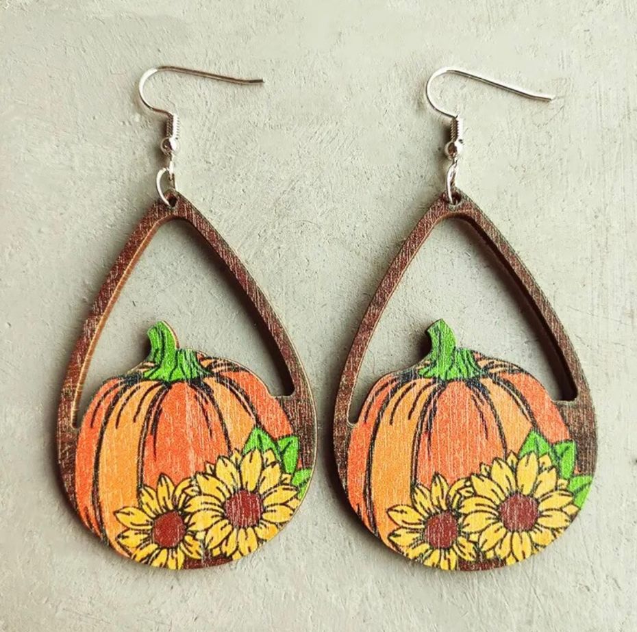 Pumpkin Patch Wooden Teardrop Earrings
