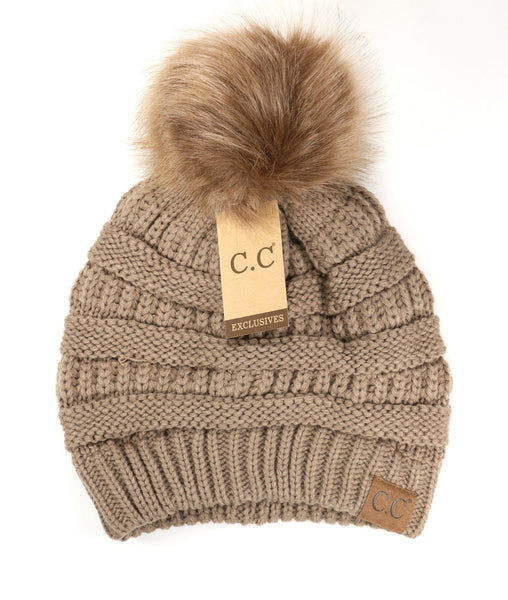 C.C Matching Faux Fur Pom Beanies (Adult/One Size) (6 Colors)