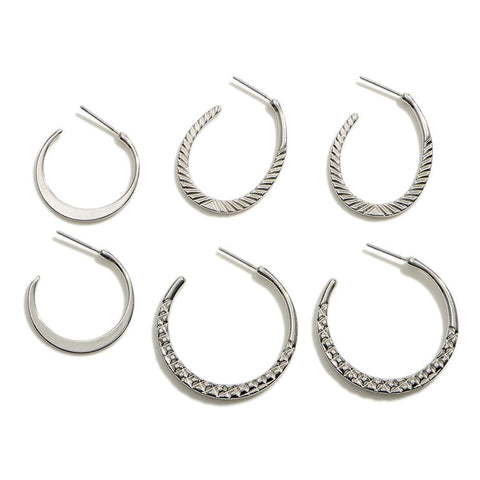 3pc Textured Silver Hoops Earring Set