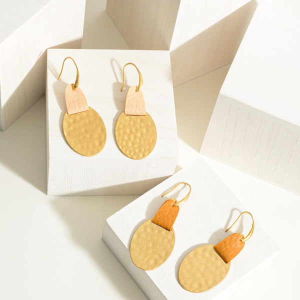 Hammered Metal & Faux Leather Drop Earrings *2 Colors*