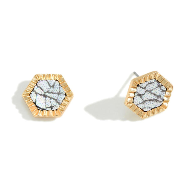 Gold Hexagon Metallic Leather Stud Earrings