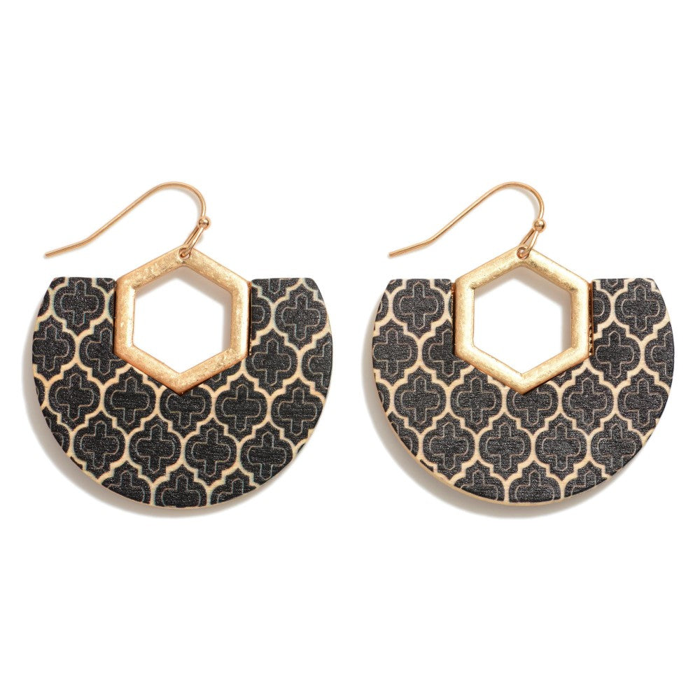 Printed Wood Drop Earrings With Gold Accents