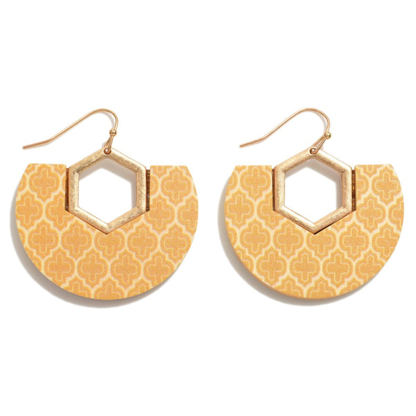 Printed Wood Drop Earrings With Gold Accents