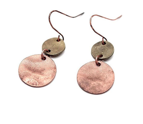 Antiqued Copper & Metal Disc Earrings