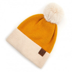 CC Solid Color block Faux Fur Pom Beanie Several Colors