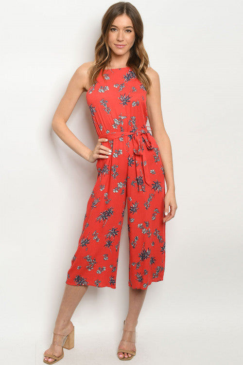 New Women's Boutique Red Floral/Leaf Print Cropped Jumpsuit Romper S, M, L