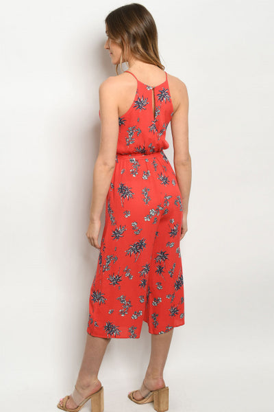 New Women's Boutique Red Floral/Leaf Print Cropped Jumpsuit Romper S, M, L