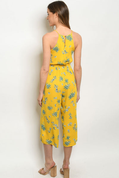 New Women's Boutique Yellow Floral/Leaf Print Cropped Jumpsuit Romper S, M, L