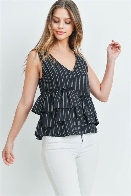 New Women's Boutique Striped Ruffled Frilled Sleeveless Top S, M, L