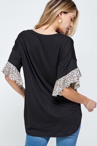 New Women's Boutique Leopard Accented Ruffle Sleeve Tunic Top S, M, L