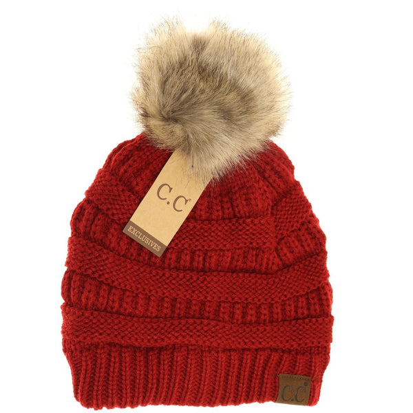 C.C. Faux Fur Pom Beanie (Adult/One Size) Many Colors