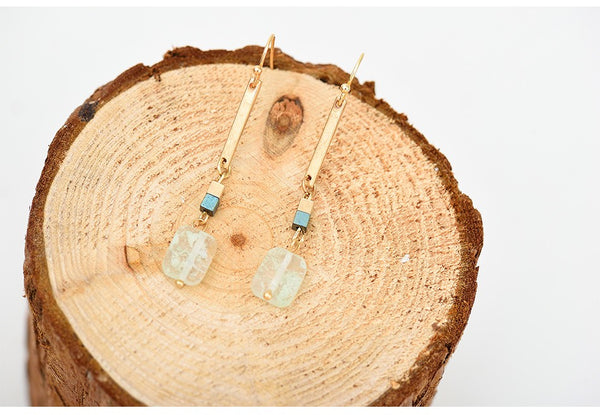 Gold Bar & Natural Stone Drop Hook Earrings