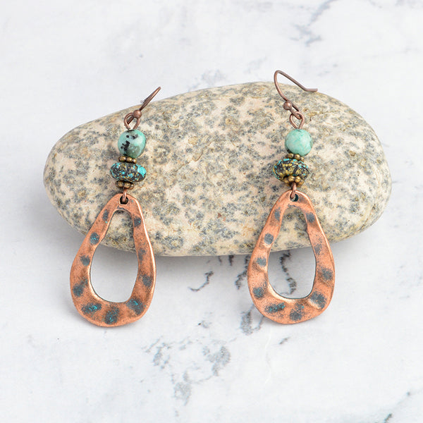 Copper and Beaded Teardrop Hammered Earrings