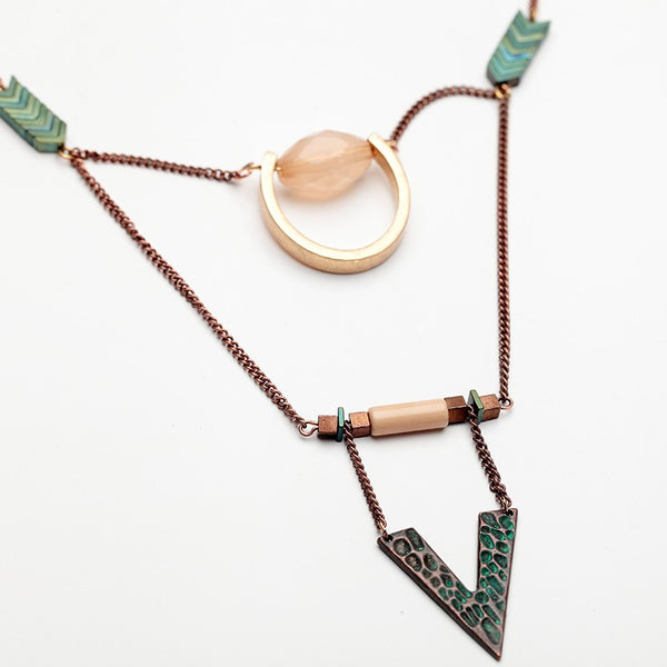 Tribal Chevron, Stone and Metal Long Statement Necklace