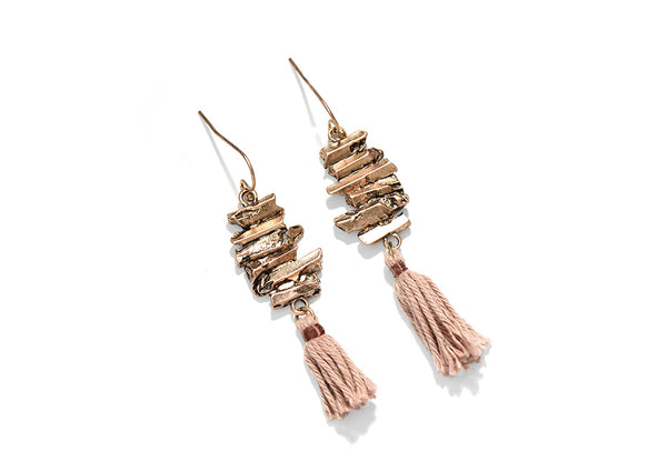Boho Antique Metal & Cotton Fringe Earrings Gold/Taupe