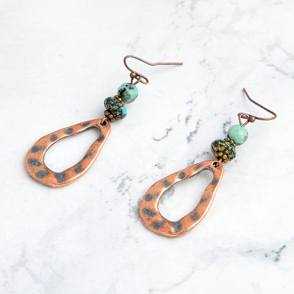 Copper and Beaded Teardrop Hammered Earrings