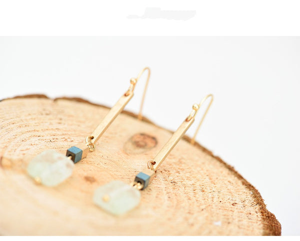 Gold Bar & Natural Stone Drop Hook Earrings