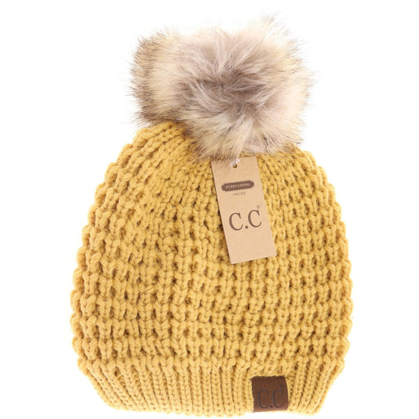 CC Waffle Knit Lined Pom Beanies (Adult/One Size) Many Colors