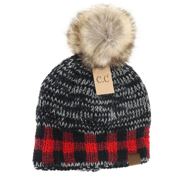 CC Buffalo Check Mixed Print Fur Pom Beanie (Adult/One Size) *4 COLORS*
