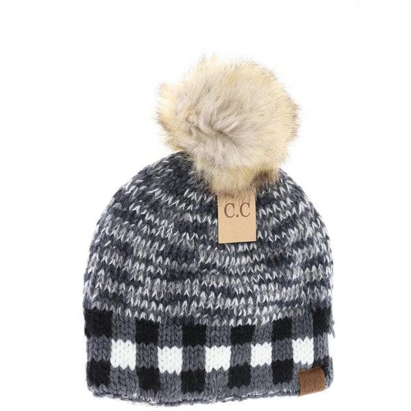 CC Buffalo Check Mixed Print Fur Pom Beanie (Adult/One Size) *4 COLORS*