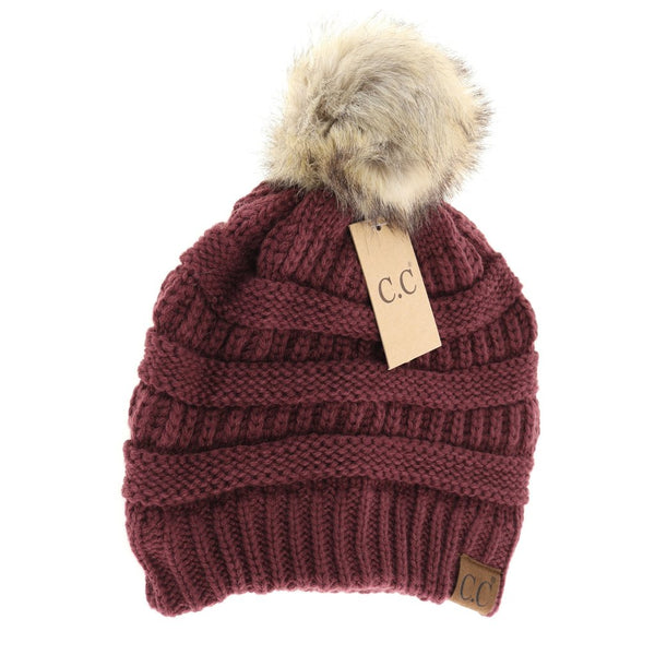 C.C. Faux Fur Pom Beanie (Adult/One Size) Many Colors