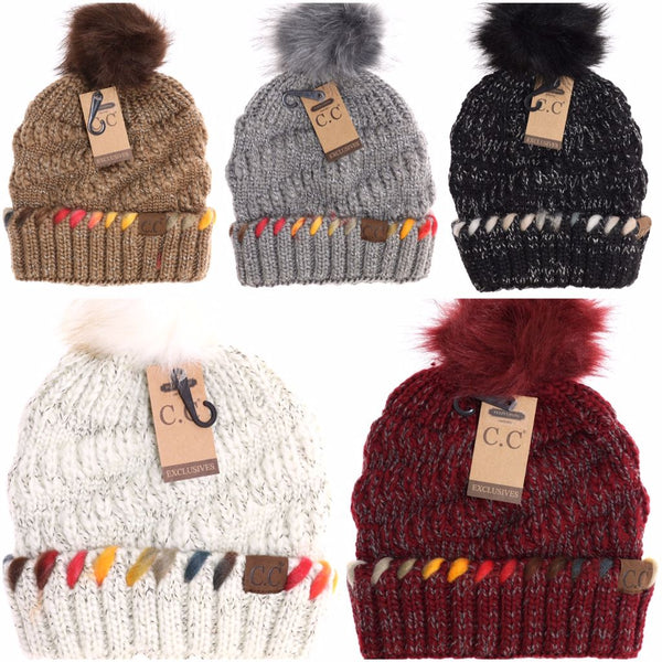 C.C Chunky Knit Faux Fur Pom Beanies (Adult/One Size)