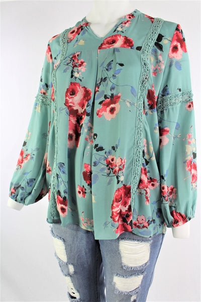 New Women's Boutique V Neck Floral Long Sleeve Crochet Detail Top PLUS sizes 1x, 2x & 3x