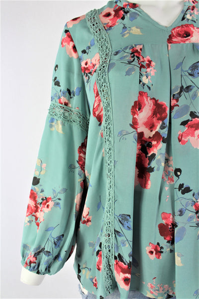 New Women's Boutique V Neck Floral Long Sleeve Crochet Detail Top PLUS sizes 1x, 2x & 3x