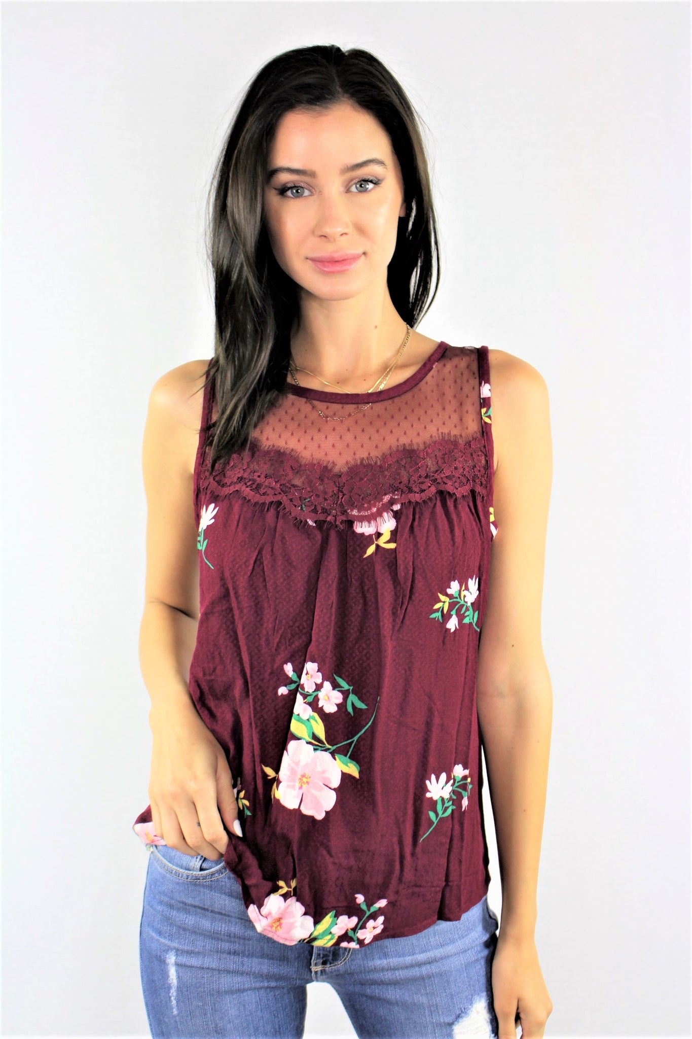 New Women's Boutique Sleeveless Floral Top with Lace Detail S & M Only