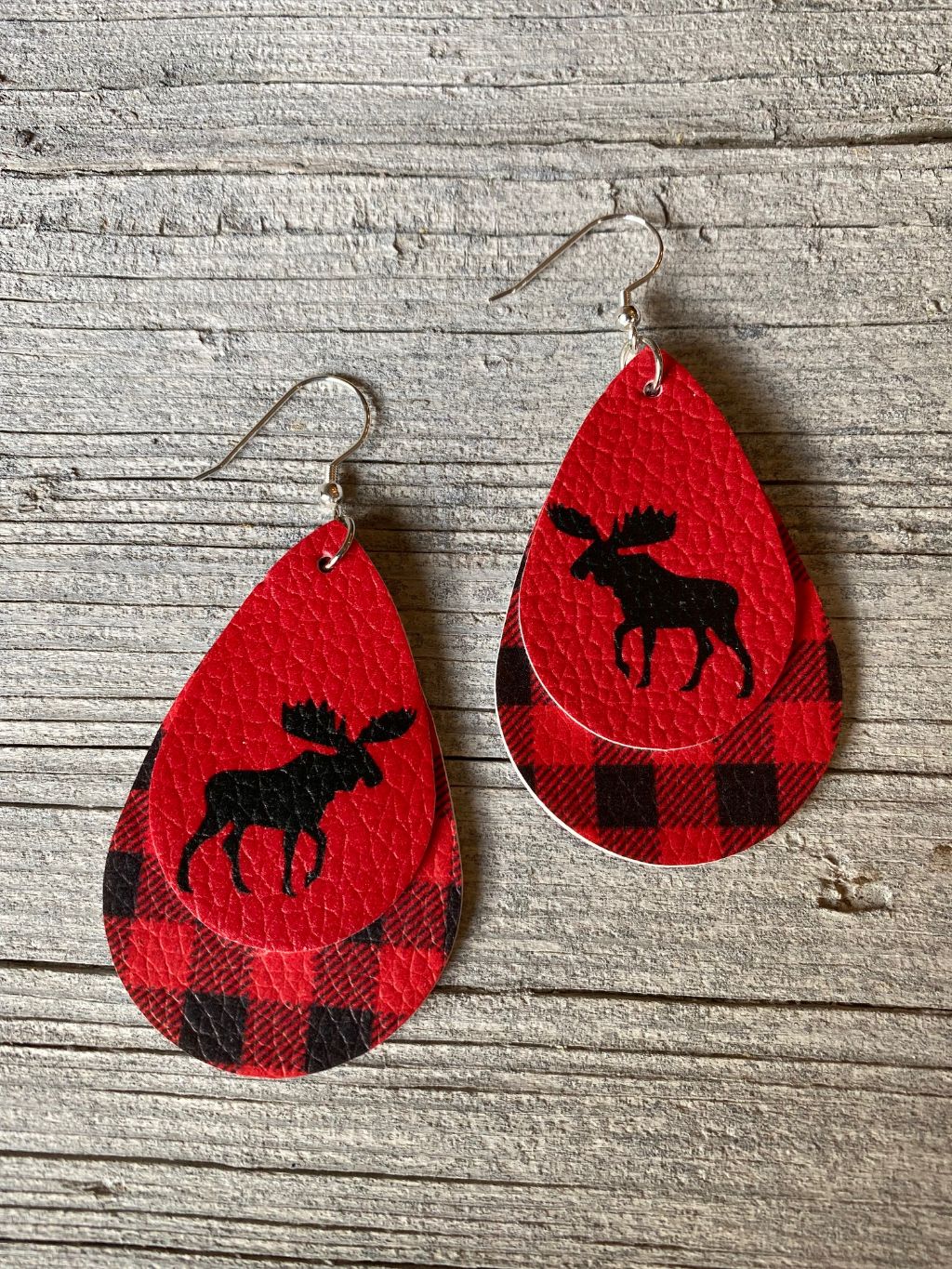 We're not Moosin' Around! Faux Leather Double Layered Buffalo Check Moose Earrings