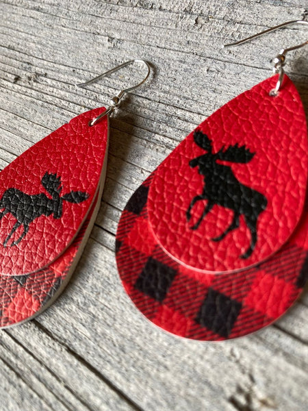 We're not Moosin' Around! Faux Leather Double Layered Buffalo Check Moose Earrings