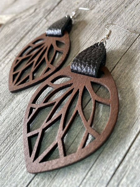 Laser Cut Wooden Leaf & Leather Earrings *5 Colors*