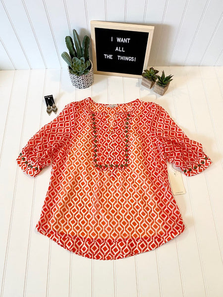New Women's Boutique 3/4 Sleeve Printed V Neck Blouse With Studs S, M, L, XL