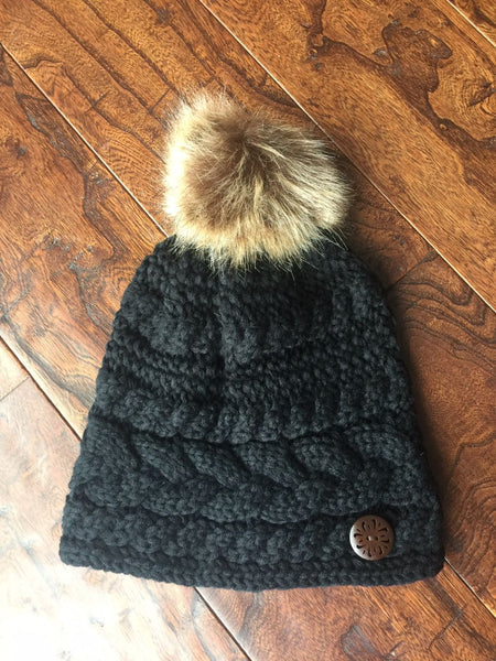Cable Knit Button Accent Faux Fur Pom Beanies (Adult/One Size) *CLEARANCE*