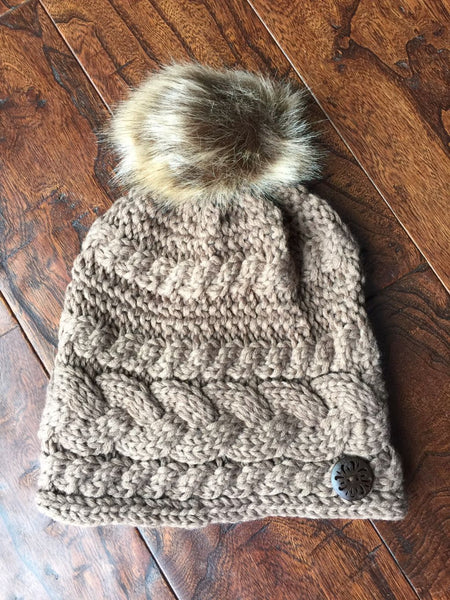 Cable Knit Button Accent Faux Fur Pom Beanies (Adult/One Size) *CLEARANCE*