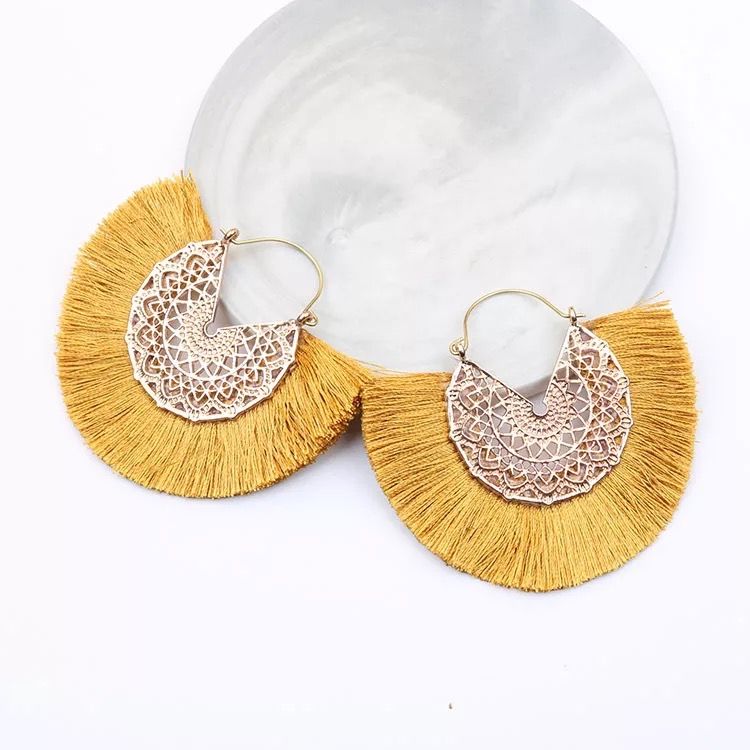 Boho Intricate Gold Fan Fringe Earrings