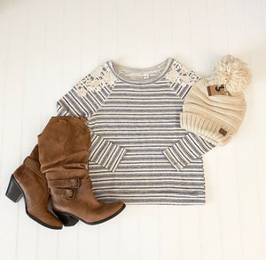 New Women's Boutique Lace Accent Striped Sweatshirt Sizes S, M, L & XL
