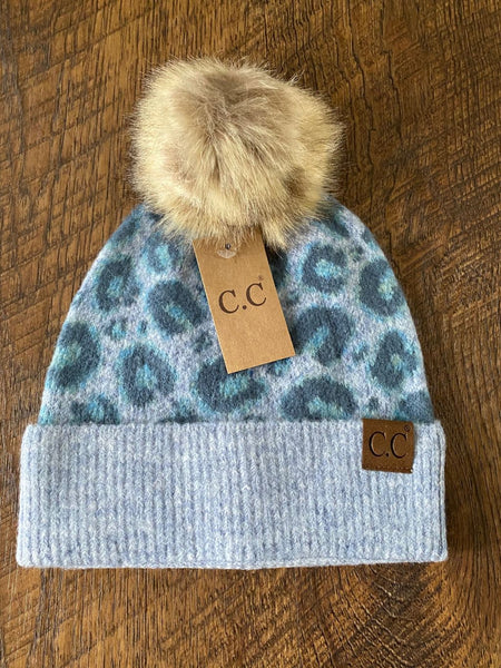 CC Leopard Print Wool Blend Faux Fur Pom Beanie 4 Colors
