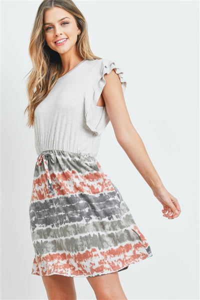 New Women's Boutique Flutter Sleeve & Tie Dye Cinch Waist Dress  L & XL