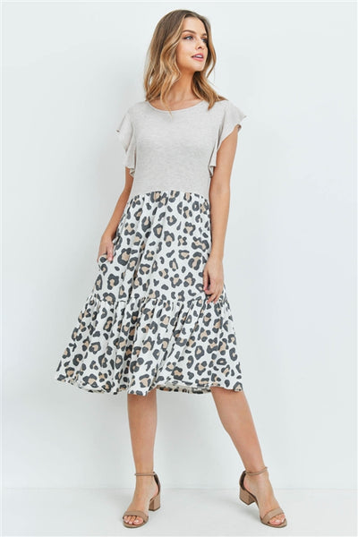 New Women's Boutique Flutter Sleeve Thermal & Leopard Print Dress  S, M, L, XL