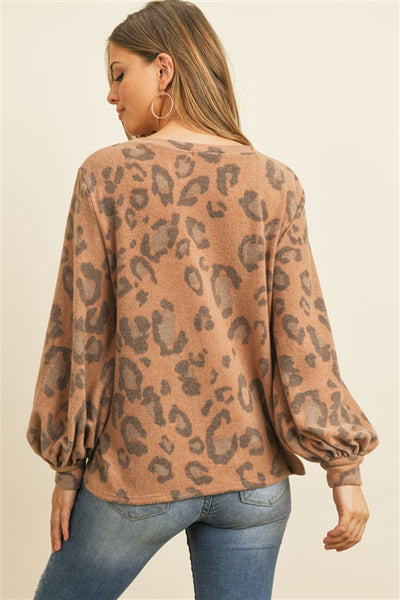 New Womens Boutique Leopard Brushed Hacci Puff Sleeved Boat Neck Top S, M, L, XL