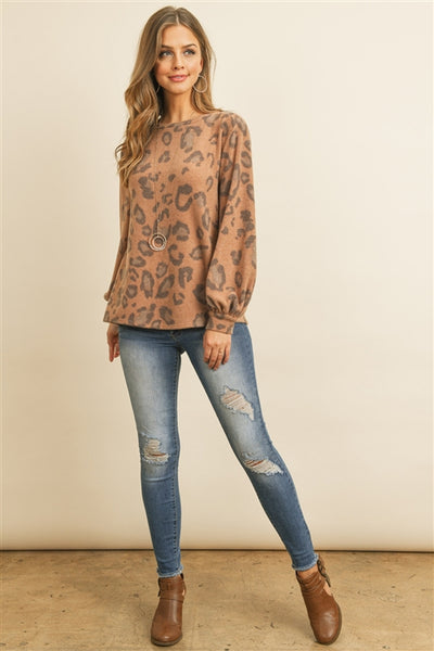 New Womens Boutique Leopard Brushed Hacci Puff Sleeved Boat Neck Top S, M, L, XL