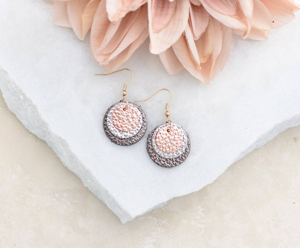 Triple Layered Metallic DiscFaux Leather Earrings