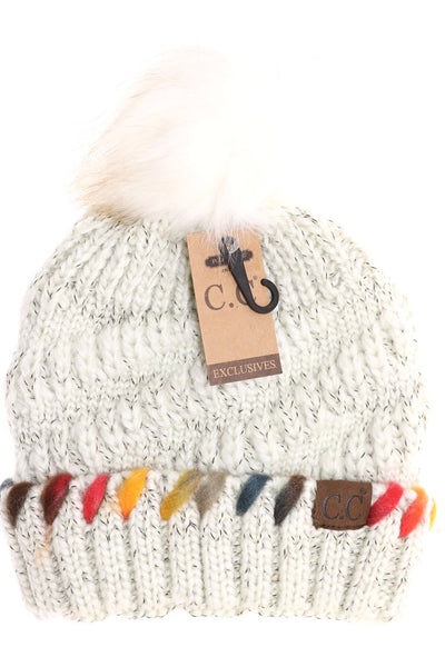 C.C Chunky Knit Faux Fur Pom Beanies (Adult/One Size)
